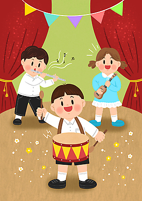 전신 PSD 여자 남자 꽃 어린이 악기 연주 일러스트 서기 들기 소녀 소년 세명 공연 무대 커튼 우쿨렐레 플루트 북 가랜드 어린이만 국내일러스트 식물 음악 모션 현악기 타악기 관악기 사람 이벤트 파티용품 파일형식