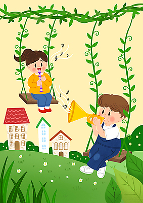 전신 PSD 여자 남자 어린이 악기 연주 일러스트 주택 앉기 소녀 소년 두명 초록색 노란색 공연 덩굴 나팔 그네 리코더 어린이만 국내일러스트 식물 음악 컬러 모션 사람 이벤트 건물 목관악기 파일형식