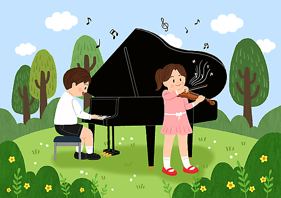 PSD 구름 여자 남자 어린이 악기 연주 일러스트 서기 들기 앉기 소녀 소년 두명 초록색 공연 숲 바이올린 그랜드피아노 어린이만 국내일러스트 자연요소 음악 컬러 모션 현악기 사람 이벤트 피아노 파일형식