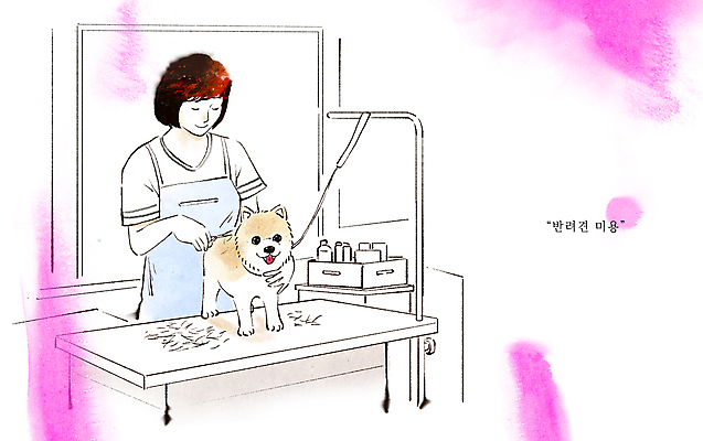 PSD 여자 반려견 일러스트 관리 한명 들기 상반신 성인 앞치마 잡기 개 강아지 목줄 미용가위 애견미용 애견미용사 애견샵 작업대 성인여자한명만 국내일러스트 1 포유류 모션 가위_도구 사람 반려동물 뷰티 미용용품 미용사 여자한명만 성인여자만 파일형식 반려용품