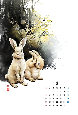 PSD 나무 일러스트 캘리그라피 붓터치 새해 사람없음 도장 노란색 봄 달력 토끼띠 토끼 숲 3월 개나리 동양화 번짐 낙관 2023년 계묘년 국내일러스트 식물 계절 꽃 컬러 포유류 미술 반려동물 십이지신 날짜 연도 파일형식 효과