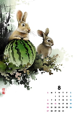 PSD 잎 두마리 일러스트 캘리그라피 붓터치 새해 수박 사람없음 여름 도장 달력 토끼띠 토끼 동양화 번짐 낙관 8월 2023년 계묘년 국내일러스트 식물 계절 2 과일 포유류 미술 반려동물 십이지신 날짜 연도 파일형식 효과