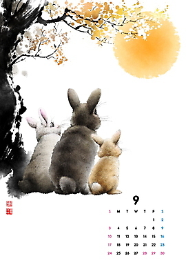 PSD 나무 응시 일러스트 캘리그라피 붓터치 새해 세마리 사람없음 도장 달력 보름달 가을 토끼띠 토끼 9월 동양화 번짐 낙관 2023년 계묘년 국내일러스트 식물 시선 계절 포유류 3 미술 반려동물 달 십이지신 날짜 연도 파일형식 효과