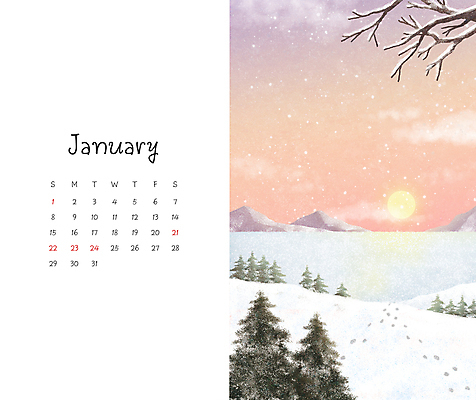 PSD 나무 계절 겨울 일러스트 아침 새해 풍경 사람없음 일출 달력 나뭇가지 눈 발자국 1월 국내일러스트 주간 자연요소 식물 자국 날씨 노을 날짜 파일형식