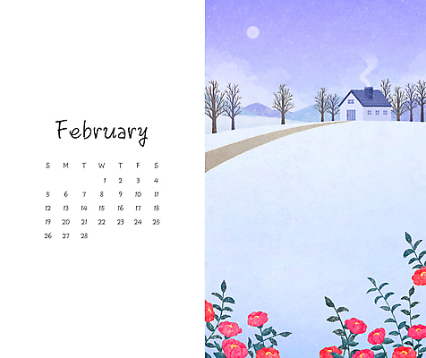 PSD 나무 길 겨울 일러스트 주택 풍경 사람없음 파란색 달력 달 연기 야간 오두막 동백 2월 국내일러스트 자연요소 식물 계절 꽃 컬러 건물 날짜 파일형식