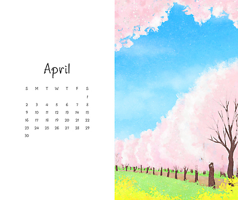 PSD 구름 공원 꽃 분홍색 일러스트 하늘 풍경 사람없음 파란색 봄 달력 벚꽃 벚나무 4월 개나리 국내일러스트 자연요소 나무 식물 계절 공공시설 컬러 날짜 파일형식