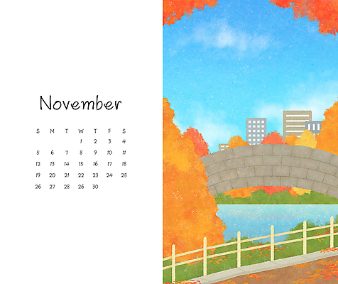 PSD 공원 길 일러스트 단풍나무 풍경 빌딩 사람없음 파란색 주황색 달력 가을 11월 은행나무 돌다리 가교 국내일러스트 나무 건축물 계절 공공시설 컬러 단풍 건물 다리_건축물 날짜 파일형식