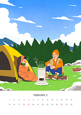 전신 PSD 나무 구름 여자 남자 커피 겨울 일러스트 주전자 산 텐트 앉기 성인 두명 기댐 캠핑 달력 난로 2월 침낭 성인만 국내일러스트 자연요소 식물 계절 음료 모션 주방용품 레저 캠핑도구 사람 날짜 난방기 파일형식