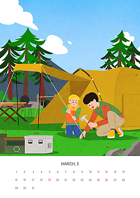 전신 PSD 나무 구름 남자 어린이 일러스트 산 텐트 캠핑도구 들기 소년 성인 두명 봄 캠핑 달력 잡기 망치 무릎꿇기 3월 설치 차양막 부자지간 남자만 캠핑박스 국내일러스트 자연요소 식물 계절 아들 가족 모션 레저 사람 도구 공구 날짜 아빠 차양 파일형식