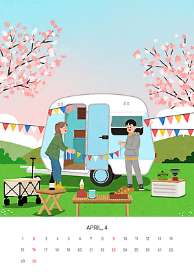 전신 PSD 여자 남자 일러스트 캠핑도구 들기 성인 두명 장식 캠핑 달력 벚꽃 4월 캠핑카 가랜드 꾸미기 카라반 성인만 캠핑트레일러 캠핑웨건 국내일러스트 꽃 모션 자동차 레저 사람 도구 날짜 파티용품 트레일러 파일형식
