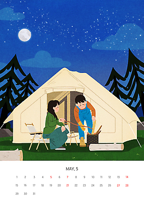 전신 PSD 나무 구름 여자 남자 일러스트 텐트 들기 앉기 성인 두명 캠핑 달력 보름달 나뭇가지 야간 장작 모닥불 5월 성인만 캠핑의자 국내일러스트 자연요소 식물 의자 모션 불 레저 캠핑도구 사람 달 날짜 파일형식