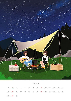 전신 PSD 응시 여자 남자 연주 일러스트 텐트 앉기 성인 두명 여름 캠핑 달력 유성 모닥불 7월 알전구 성인만 국내일러스트 시선 계절 음악 전구 모션 불 레저 캠핑도구 사람 날짜 파일형식
