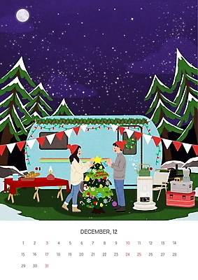 전신 PSD 여자 남자 크리스마스 겨울 일러스트 털모자 캠핑도구 들기 성인 두명 장식 크리스마스트리 마주보기 캠핑 달력 야간 난로 캠핑카 가랜드 성인만 캠핑트레일러 국내일러스트 자연요소 모자_잡화 계절 기념일 모션 자동차 레저 사람 도구 난방기 파티용품 트레일러 파일형식