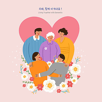 PSD 부부 여자 노년 남자 꽃 할머니 분홍색 일러스트 가족 손자 여러명 상반신 성인 10대 자녀 하트 치매 치매예방 국내일러스트 모양 식물 커플 컬러 다수 관계 청소년 사람 질병 손주 예방 파일형식