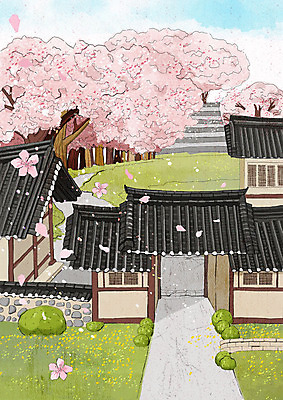 PSD 꽃잎 분홍색 고건축 한국건축 일러스트 한옥 사람없음 봄풍경 봄 벚꽃 벚나무 낙화 국내일러스트 나무 한국전통 건축물 계절 건축 꽃 컬러 풍경 파일형식