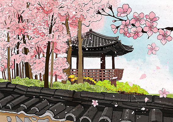 PSD 꽃잎 분홍색 고건축 한국건축 일러스트 한옥 사람없음 봄풍경 봄 벚꽃 벚나무 정자 낙화 기와담장 국내일러스트 나무 한국전통 건축물 계절 건축 꽃 컬러 기와 풍경 담장 파일형식