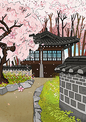 PSD 꽃잎 분홍색 고건축 한국건축 일러스트 한옥 사람없음 봄풍경 봄 벚꽃 벚나무 낙화 접착풀 기와담장 국내일러스트 나무 한국전통 건축물 계절 건축 꽃 컬러 문구용품 기와 풍경 담장 풀_접착제 파일형식