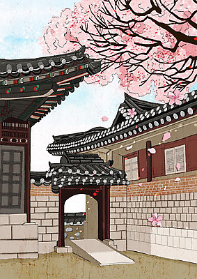 PSD 꽃잎 분홍색 고건축 한국건축 일러스트 한옥 사람없음 봄풍경 봄 벚꽃 벚나무 낙화 국내일러스트 나무 한국전통 건축물 계절 건축 꽃 컬러 풍경 파일형식