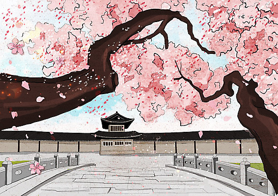 PSD 분홍색 고건축 한국건축 일러스트 한옥 사람없음 봄풍경 봄 벚꽃 성 벚나무 국내일러스트 나무 한국전통 건축물 계절 건축 꽃 컬러 풍경 파일형식