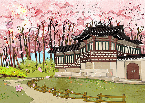 PSD 꽃잎 분홍색 고건축 한국건축 일러스트 한옥 사람없음 봄풍경 봄 벚꽃 성 벚나무 낙화 국내일러스트 나무 한국전통 건축물 계절 건축 꽃 컬러 풍경 파일형식