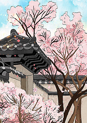 PSD 꽃잎 분홍색 일러스트 사람없음 봄풍경 봄 벚꽃 성 벚나무 낙화 국내일러스트 나무 건축물 계절 꽃 컬러 풍경 파일형식