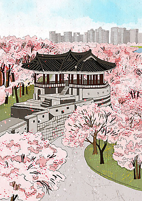 PSD 꽃잎 분홍색 일러스트 사람없음 건물 봄풍경 봄 벚꽃 성 벚나무 낙화 국내일러스트 나무 건축물 계절 꽃 컬러 풍경 파일형식