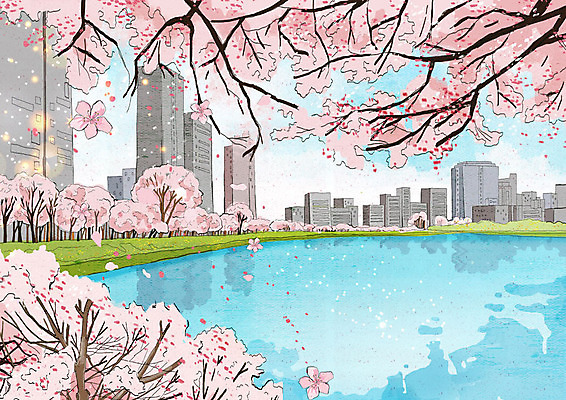 PSD 무료이미지 꽃잎 분홍색 일러스트 사람없음 건물 강 봄풍경 봄 벚꽃 도시 벚나무 낙화 호수공원 국내일러스트 나무 건축물 계절 공원 꽃 컬러 풍경 파일형식