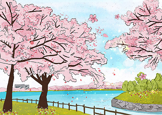 PSD 나무 꽃잎 호수 분홍색 일러스트 사람없음 강 봄풍경 봄 벚꽃 풀 벚나무 낙화 호수공원 국내일러스트 식물 계절 공원 꽃 컬러 풍경 파일형식