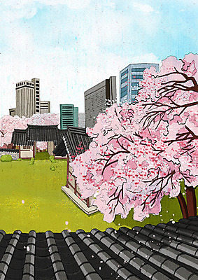 PSD 꽃잎 분홍색 고건축 한국건축 일러스트 지붕 한옥 사람없음 건물 봄풍경 봄 벚꽃 도시 벚나무 낙화 국내일러스트 나무 한국전통 건축물 계절 건축 꽃 컬러 풍경 파일형식