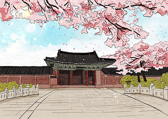 PSD 꽃잎 분홍색 고건축 한국건축 일러스트 한옥 사람없음 봄풍경 봄 벚꽃 성 벚나무 낙화 국내일러스트 나무 한국전통 건축물 계절 건축 꽃 컬러 풍경 파일형식