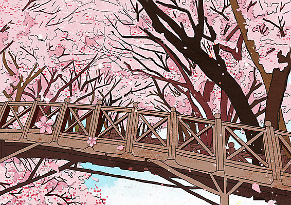 PSD 꽃잎 분홍색 일러스트 사람없음 봄풍경 봄 벚꽃 벚나무 나무다리 낙화 가교 국내일러스트 나무 건축물 계절 꽃 컬러 풍경 다리_건축물 파일형식