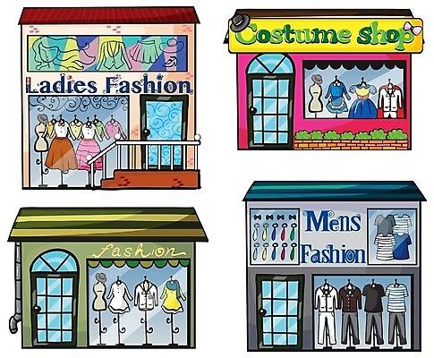 EPS 해외이미지 원피스 일러스트 나비넥타이 넥타이 간판 정장 사람없음 건물 세트 상점 전시 옷걸이 쇼윈도 옷가게 해외일러스트 건축물 잡화 옷 파일형식 벡터