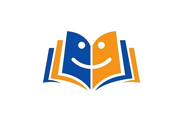 EPS 해외이미지 무료이미지 교육 일러스트 웃음 책 파란색 스터디 주황색 심볼 해외202004 해외일러스트 컬러 표정 학습 파일형식 벡터 무료콘텐츠