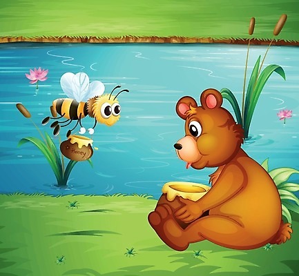 EPS 해외이미지 클립아트 식물 동물 꽃 호수 분홍색 곤충 잎 일러스트 곰 포유류 앉기 풍경 야외 그래픽 초록색 물 파란색 강 연못 잡초 꿀벌 냄비 강가 만화 땅 벌 그림 장면 꿀 호박벌 해외202004 해외일러스트 자연요소 컬러 모션 벌_곤충 솥 파일형식 벡터