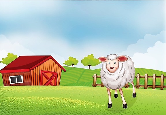 EPS 해외이미지 나무 식물 동물 구름 잎 밭 채소 일러스트 자연 하늘 털 서기 사람없음 야외 파란색 농작물 울타리 농장 농경지 흰색 양 농부 오두막 그림 외양간 밭일 해외202004 해외일러스트 자연요소 직업 컬러 농업 포유류 모션 담장 생태계 파일형식 벡터