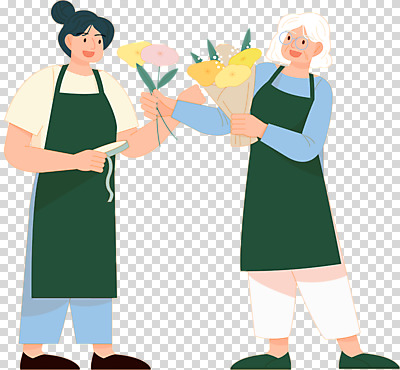 전신 편집 편집이미지 여자 노년 꽃 할머니 꽃다발 서기 미소 웃음 들기 누끼 성인 두명 앞치마 주기 PNG 플로리스트 여자만 편집소스 액티브시니어 식물 직업 모션 표정 사람 실버라이프 파일형식