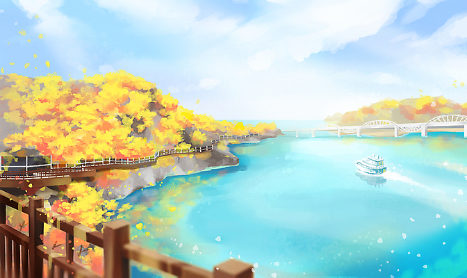 PSD 구름 바다 단풍 일러스트 하늘 사람없음 가을풍경 가을 유람선 가교 잔도길 가을배경 국내일러스트 자연요소 건축물 계절 길 백그라운드 잎 배_교통 풍경 단양 파일형식 가을_계절