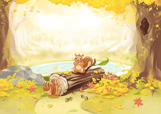 PSD 단풍 낙엽 일러스트 자연 세마리 사람없음 가을풍경 가을 연못 숲속 은행잎 다람쥐 통나무 도토리 은행나무 단풍놀이 가을배경 국내일러스트 나무 계절 백그라운드 잎 3 풍경 소풍 견과류 설치류 숲 생태계 파일형식 가을_계절