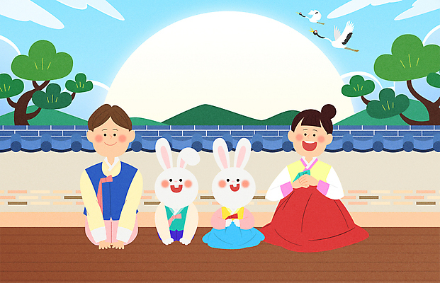 전신 여자 남자 어린이 두마리 일러스트 하늘 웃음 앉기 소녀 소년 두명 태양 학 소나무 절 한복 세배 흰토끼 어린이만 기와담장 2023년 계묘년 국내일러스트 AI파일 자연요소 나무 한국전통 2 모션 조류 표정 기와 사람 담장 토끼 인사 절_인사 전통의상 연도 파일형식 벡터