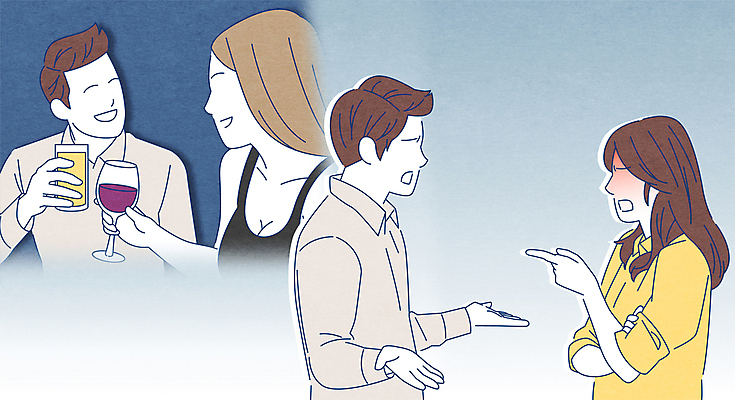 부부 여자 남자 와인잔 일러스트 남편 주류 여러명 상반신 성인 팔짱 와인 가리킴 아내 건배 싸움 부부싸움 말다툼 성인만 국내일러스트 AI파일 커플 음료 다수 술잔 모션 사람 손짓 파일형식 벡터