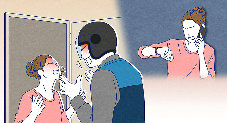 응시 여자 남자 일러스트 들기 상반신 성인 세명 스마트폰 분노 배달원 지각 고객 손목시계 싸움 통화 말다툼 성인만 국내일러스트 AI파일 직업 시선 감정 시계 장신구 모션 사람 핸드폰 스마트기기 파일형식 벡터