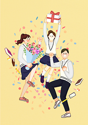 전신 PSD 여학생 여자 남자 행복 교복 남학생 꽃다발 일러스트 청소년 서기 들기 책 세명 선물상자 스마트폰 노란색 주먹 만세 축하 즐거움 꽃가루 십대만 국내일러스트 학생 옷 꽃 감정 컬러 컨셉 모션 선물 사람 핸드폰 스마트기기 상자 가루 파일형식