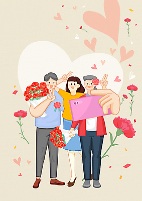 전신 PSD 여자 노년 남자 딸 행복 꽃다발 일러스트 엄마 함께함 서기 들기 성인 세명 스마트폰 부모 화목 하트 축하 아빠 셀프카메라 어버이날 카네이션 브이 베이지색 국내일러스트 모양 기념일 꽃 감정 컬러 컨셉 가족 모션 사람 손짓 핸드폰 스마트기기 사진촬영 파일형식