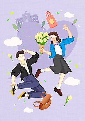 전신 PSD 여자 남자 행복 꽃다발 일러스트 학교 엄마 책가방 들기 성인 두명 부모 보라색 튤립 하트 비행 축하 아빠 꽃가루 신발주머니 성인만 국내일러스트 모양 교육 꽃 감정 컬러 컨셉 가방 가족 모션 사람 가루 파일형식