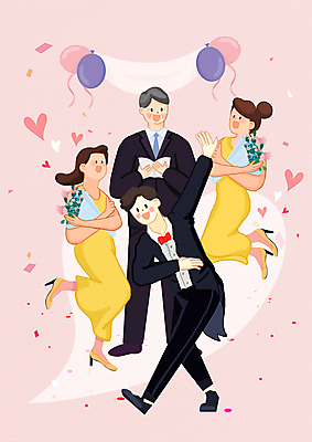 PSD 여자 남자 행복 분홍색 꽃다발 중년 신랑 결혼 일러스트 서기 들기 정장 턱시도 여러명 성인 점프 하트 축하 인사 꽃가루 풍선 들러리 주례 국내일러스트 모양 옷 꽃 감정 컬러 다수 컨셉 모션 사람 이벤트 예절 가루 하객 파일형식