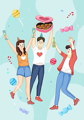 전신 PSD 여자 남자 행복 하늘색 일러스트 화이트데이 발렌타인데이 막대사탕 사탕 서기 들기 성인 세명 초콜릿 만세 고깔모자 축하 샴페인 하트상자 알사탕 성인만 국내일러스트 모자_잡화 감정 컨셉 모션 데이이벤트 디저트 주류 사람 파란색 상자 파일형식