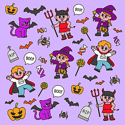 전신 여자 남자 말풍선 패턴 일러스트 팔벌리기 막대사탕 사탕 서기 들기 여러명 성인 보라색 고양이 할로윈 패턴백그라운드 악마 비석 마녀 거미 박쥐 마녀복장 삼지창 드라큘라 악마분장 잭오랜턴 코스프레 성인만 국내일러스트 AI파일 창 컬러 다수 곤충 백그라운드 무늬 포유류 모션 디저트 사람 반려동물 이벤트의상 파일형식 벡터