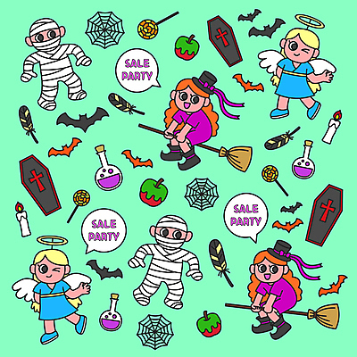 전신 여자 남자 말풍선 패턴 일러스트 천사 막대사탕 윙크 여러명 성인 할로윈 패턴백그라운드 독약 승차 거미줄 깃털 마녀 붕대 손인사 마녀복장 독사과 마법빗자루 미라 민트색 천사옷 코스프레 관_장례 성인만 국내일러스트 AI파일 옷 컬러 다수 백그라운드 무늬 모션 표정 사탕 사람 인사 빗자루 이벤트의상 장례용품 파일형식 벡터