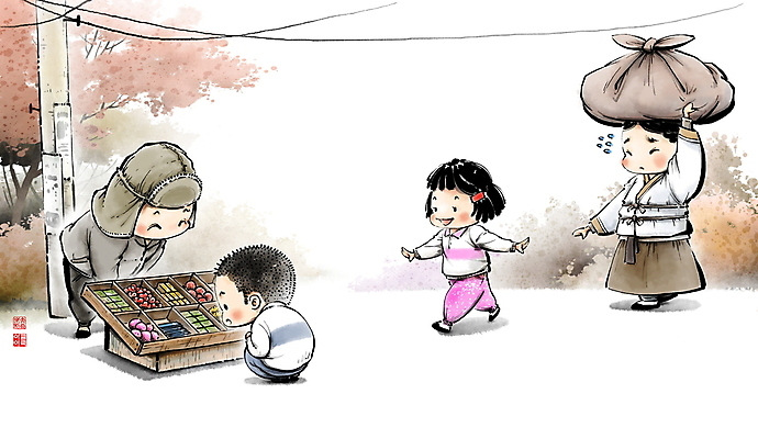 전신 PSD 나무 여자 남자 어린이 일러스트 캘리그라피 엄마 붓터치 털모자 서기 풍경 소녀 소년 여러명 성인 과자 걷기 짐 시장 추억 무릎꿇기 한복 상인 구경 전봇대 번짐 군것질 장사 가판대 옛날 놓기 국내일러스트 식물 모자_잡화 한국전통 공공시설 다수 컨셉 가족 모션 디저트 사람 전통의상 상업 파일형식 효과