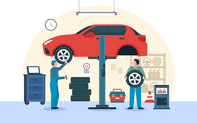 전신 응시 남자 시계 일러스트 승용차 자동차 들기 성인 두명 엔지니어 공구함 직원 타이어 정비공 자동차엔지니어 자동차정비 정비소 카센터 칼라콘 얼굴없음 성인남자만 카리프트 국내일러스트 AI파일 시선 육상교통 모션 사람 공구 센터 기술자 수리 안전장비 차량용품 남자만 성인만 파일형식 벡터